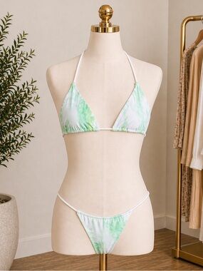 Good American Green Marble001 Matte Tiny Ties Bikini Bottom Sz 3 NWT MSRP $49